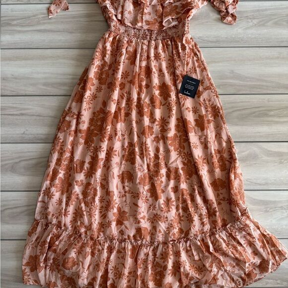 Lulus Love & Blooms Blush Floral Print Off Shoulder Dress M Peach NWT IN PKG - Picture 5 of 9